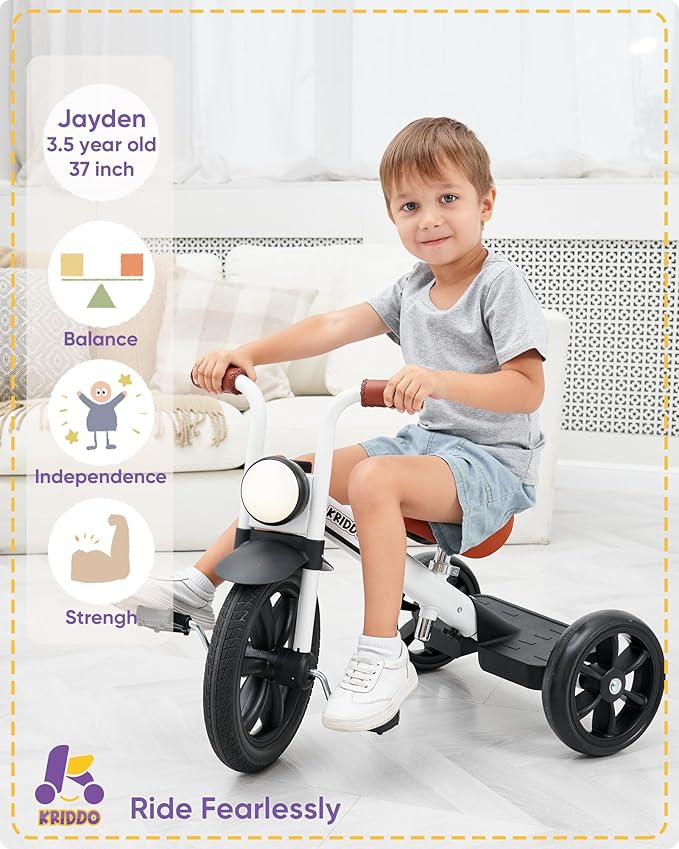 KRIDDO Kids Tricycle, 12 Inch Puncture Free Wheel w Front Light, Adjustable Seat Height, Gift for 2-5 Year Olds, White