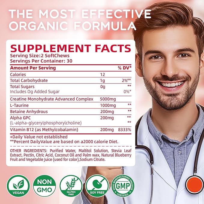 Creatine Monohydrate Chews Complex 6400mg for Men & Women -Advanced Formula W/L-Taurine + Vitamin B12, Sugar Free Chewable Supplement,60 Strawberry Softchews