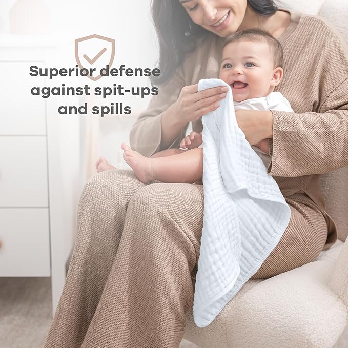 Comfy Cubs Muslin Burp Cloths 20" x 10", Pack of 6 - Large, 6-Layer, Ultra Absorbent 100% Cotton for Baby Spit-Up, Drool, and Messes - Soft, Safe & Gentle Baby Burp Cloths Set for Boys & Girls - White