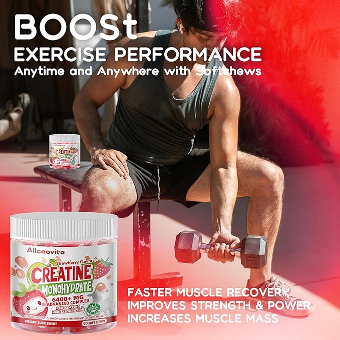 Creatine Monohydrate Chews Complex 6400mg for Men & Women -Advanced Formula W/L-Taurine + Vitamin B12, Sugar Free Chewable Supplement,60 Strawberry Softchews