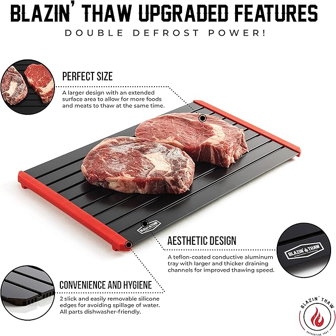 BLAZIN' THAW Defrosting Tray for Frozen Meat | 14” Large-Size | Aluminium Plate for Thawing Frozen Food | Natural Thawing Process | No Microwaves, No Cold/Warm Water Required |