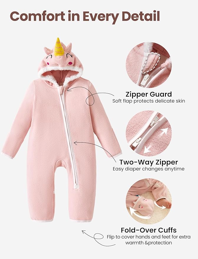 PATPAT Fleece Hooded Footed Romper Clothes, Soft Warm Footie Covers, Car Seat Friendly, Easy Zip, Cute Boy Girl