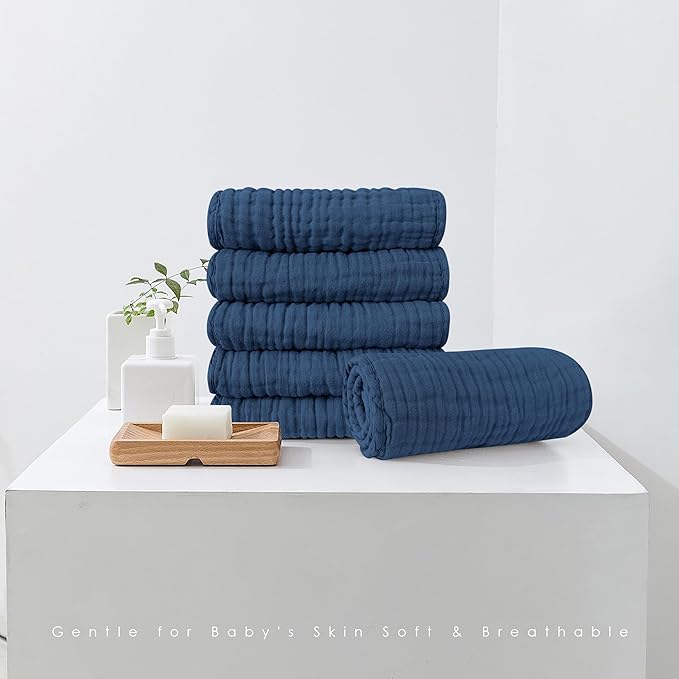 Muslin Burp Cloths 100% Cotton Large 20''x10'' Extra Soft and Absorbent Baby Wash Cloths Spit Up Rags - Baby Burping Cloth for Boys Girls Items(12 Pack Navy Blue)