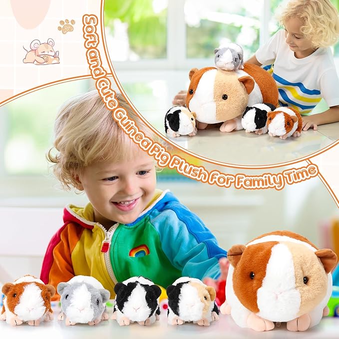 Jenaai 5 Pcs Plush Guinea Pig Stuffed Animals 16 Inch Mama Guinea Pig with 4 Cute Plushie Babies Soft Animals Pillow Gift for Boys Girls Birthday
