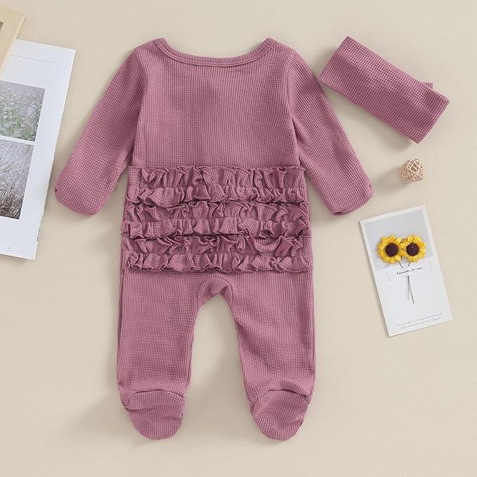 Newborn Girl Clothes Baby Girl Coming Home Outfit Zipper One-piece Outfits Ruffle Footie Bodysuit Jumpsuit Headband