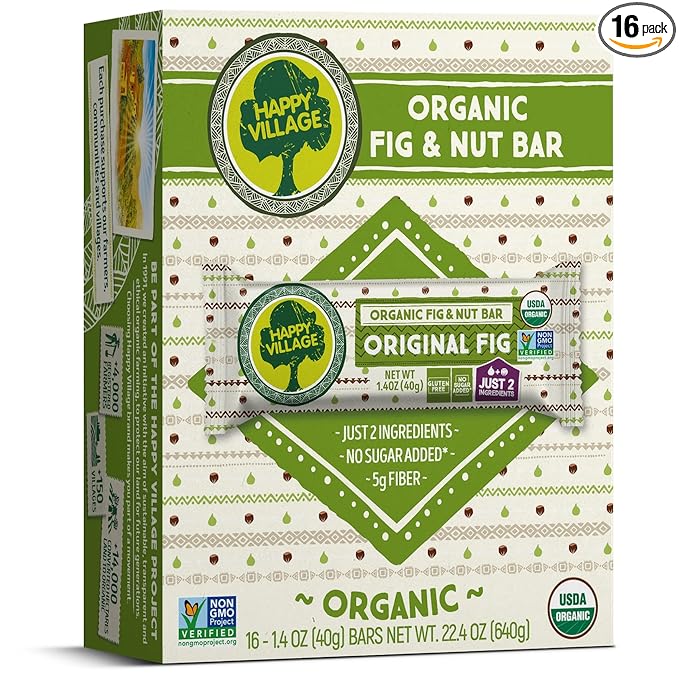 Happy Village Organic Fig & Nut Bar, ORIGINAL FIG | Only 2 Ingredients, Gluten Free, No Added Sugar, Kosher, Non-GMO, Vegan, Good Source of Fiber | Organic Healthy Snack Bars (16 bars, 1.4 OZ each)