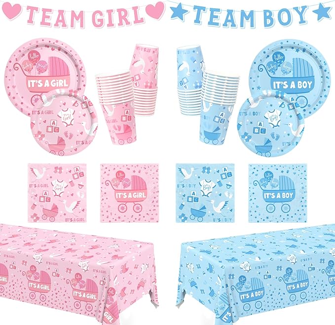 Baby Gender Reveal Decorations for 24 Guests - Boy or Girl Decorations Kit Including Disposable Plates, Napkins, Cups, Tablecloth & Banner for Baby Shower Party Decorations