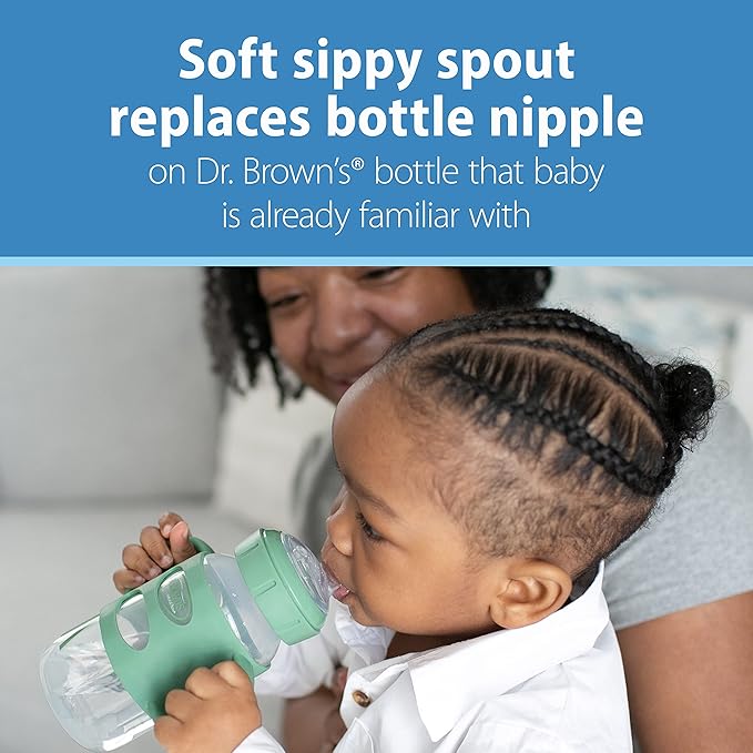 Dr. Brown's Milestones Wide-Neck Sippy Spout Bottle with 100% Silicone Handles, Easy-Grip Handles with Soft Sippy Spout, 9oz/270mL, Green, 1-Pack, 6m+