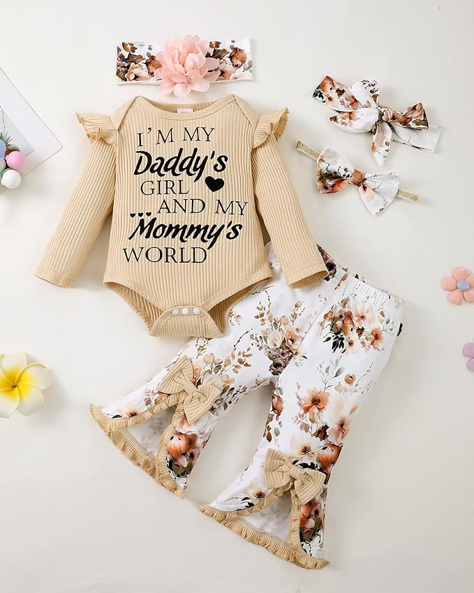 SUNNY PIGGY Newborn Baby Girl Clothes Infant Outfits Romper Floral Fall Outfit Bell Bottoms Pant Sets Hat Headband Flowerpant