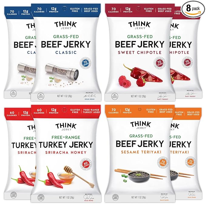 Think Jerky Beef and Turkey Jerky Variety Pack, Classic, Sweet Chipotle, Sriracha Honey, Sesame Teriyaki, Healthy Meat Snack, Low Calorie Low Fat - 1.0 oz Bags, 8 Pack, 2 of Each