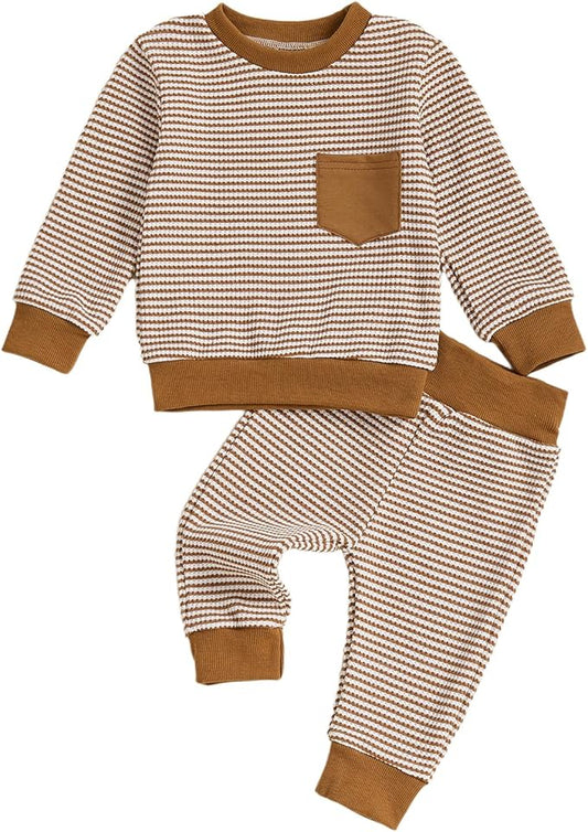 Baby Boy Toddler Fall Outfit Striped Sweatshirt Toddler Boy Winter Waffle Clothes 3 6 12 18 Months 2 3 T Pant Set
