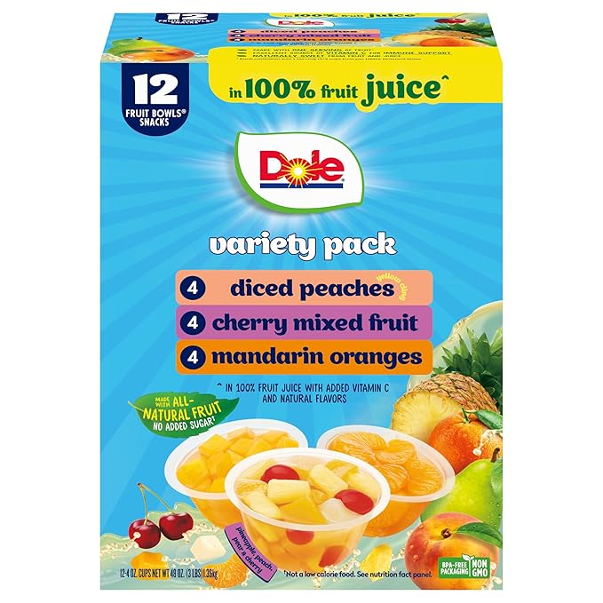 Dole Diced Peaches, Mandarin Oranges, and Cherry Mixed Fruit in 100% Juice Variety Pack - Dole Fruit Bowls Snacks - 4 oz Bowls - 12 Pack