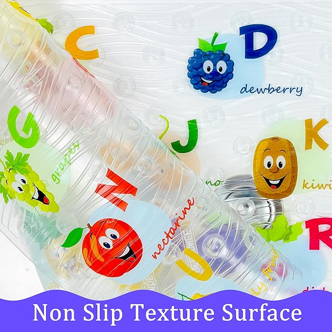 Polyvinyl Chloride (PVC) Bath Mat, Alphabet, Square, XL Size, 35x16 inch, Textured Pattern, Suction Cups - Bath Mats for Tub Kids