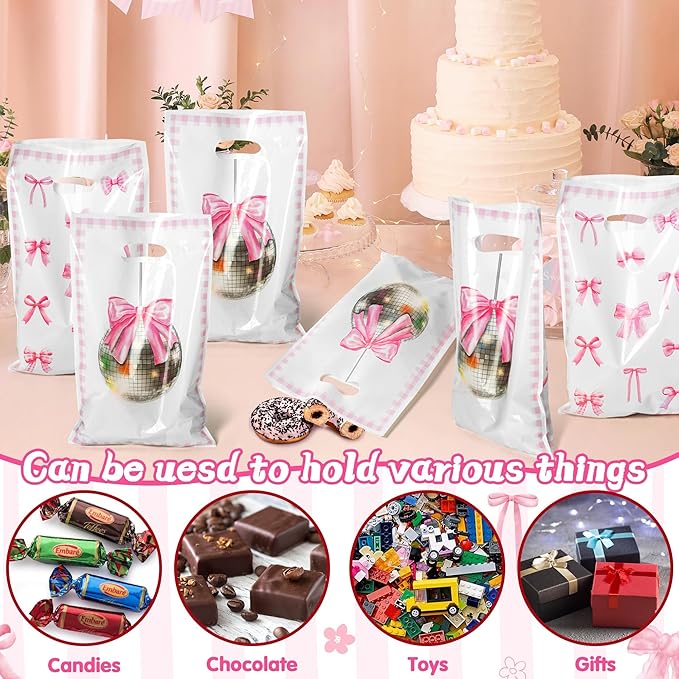 Pink Bow Party Favor Bags - 50Pcs Coquette Bow Themed Goody Candy Treat Gifts Bags, Trendy Preppy Pink Theme Party Decorations for Kids Girls Women Birthday Wedding Bridal Shower Bachelorette Supplies