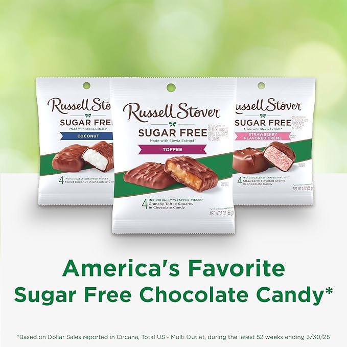 RUSSELL STOVER Sugar Free Toffee Squares in Chocolate Candy, 2 oz. bag (Pack of 10)