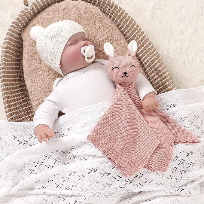 LAWKUL Bunny Lovey Baby Blanket Soft Cuddly Security Blanket Knit Snuggle Comfort for Newborns Toddler Boy Girl Pink 16x16in