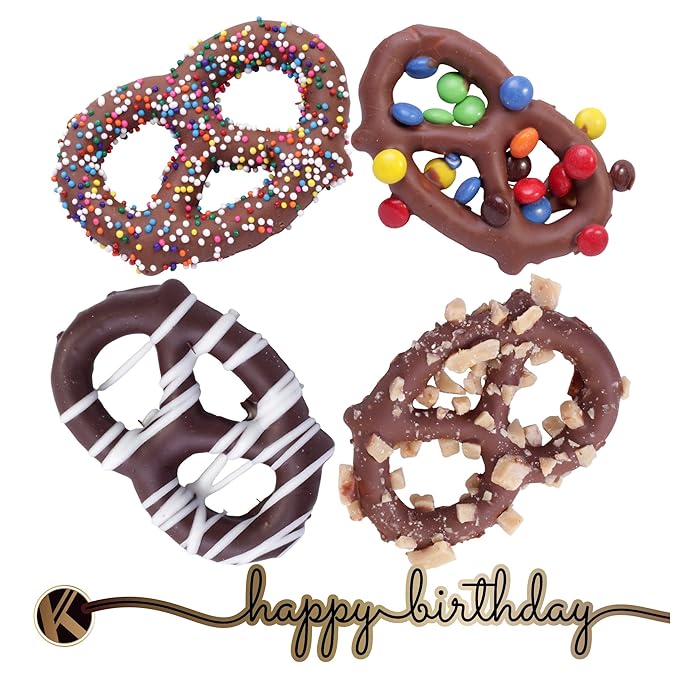KREMERY Creamy Chocolate Cravings - Birthday Treats, Chocolate Covered Pretzel Twists Gift Basket, in Sectional Gift Box + Greeting Card (12 Pretzels, Assorted Sweet Toppings) Food Assortments USA Made
