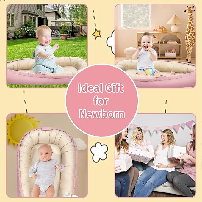 Infant Lounger, Portable Baby Nest Cover, 100% Cotton, Breathable & Reversible, Baby Lounger for Newborn, Adjustable Baby Floor Seat for Tummy Time, Essentials for Newborns (Pink)