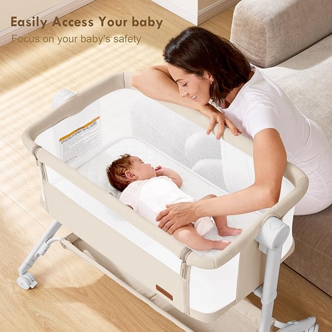 Bassinet Bedside Sleeper - All-Mesh Design, Portable Bedside Bassinet for Baby with Washable Mattress, 5 Adjustable Heights（Beige）