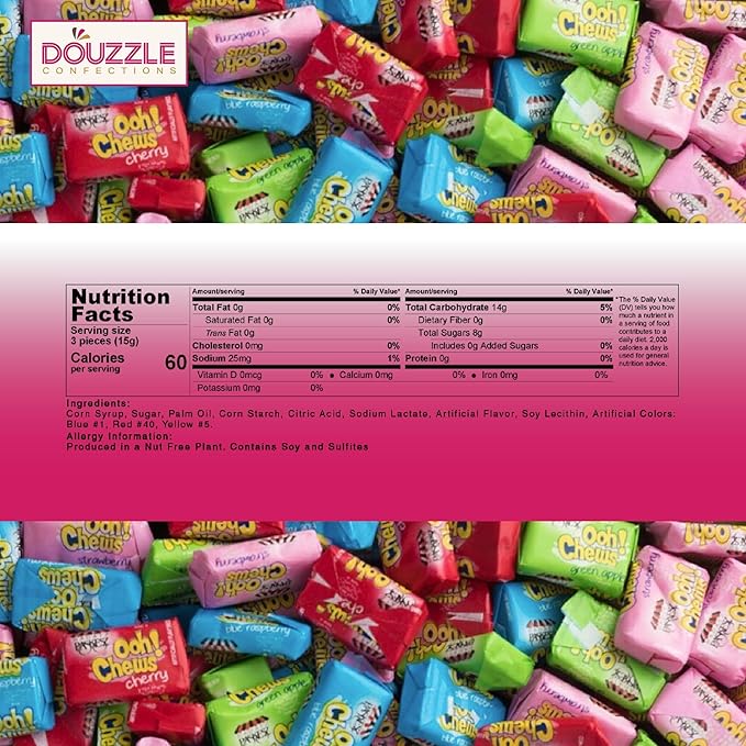DOUzzle Back To School Ooh Chews Candy, Sour Fruit (1 Pack) Individually Wrapped, Party Favor, Goodie Bag & Pinata Filler - Gluten Free, Kosher Parve