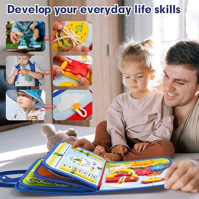 Busy Board Montessori Toys for Toddlers 1 2 3 4 Years Old, Busy Book for Toddlers 1-3 to Develop Fine Motor Skills, Travel Educational Gift for Boys (Dinosaur)