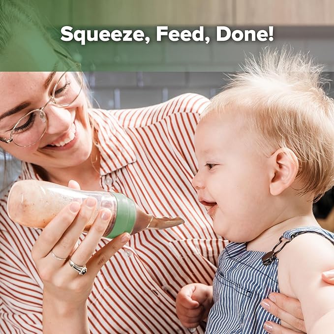 Haakaa Silicone Baby Food Dispensing Spoon Feeder 4oz - Infant Squeeze Cereal Feeder, Baby Fresh Food Feeder, Feed Bottle for Puree, Solid Baby Food, BPA Free, 4m+ Babies – Pea Green