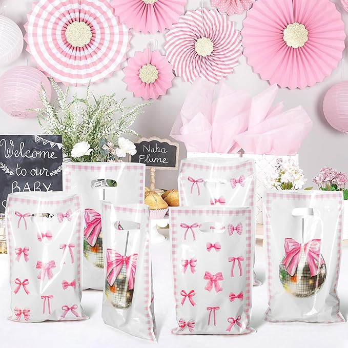 Pink Bow Party Favor Bags - 50Pcs Coquette Bow Themed Goody Candy Treat Gifts Bags, Trendy Preppy Pink Theme Party Decorations for Kids Girls Women Birthday Wedding Bridal Shower Bachelorette Supplies