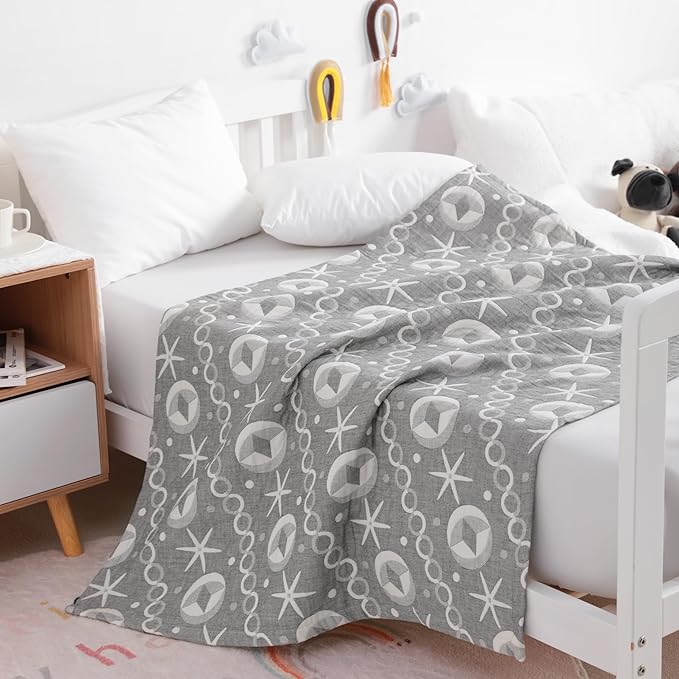 NTBAY 3 Layer Toddler Blanket, Muslin Cotton Jacquard Bed Blankets, Lightweight Thermal Baby Blanket, Super Soft and Warm Crib Blanket for All Seasons, Decoration Gift, 30"x40", Grey Starfish