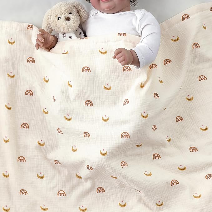 CREVENT 30''X40'' Organic Muslin Cotton Baby Blanket for Newborns, Soft Mink Backing, Essential for Baby Shower Birthday Gift - Moon 75X100cm