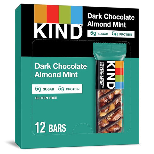 KIND Nut Bars, Dark Chocolate Mint, Healthy Snacks, Gluten Free, Low Sugar, 5g Protein, 12 Count