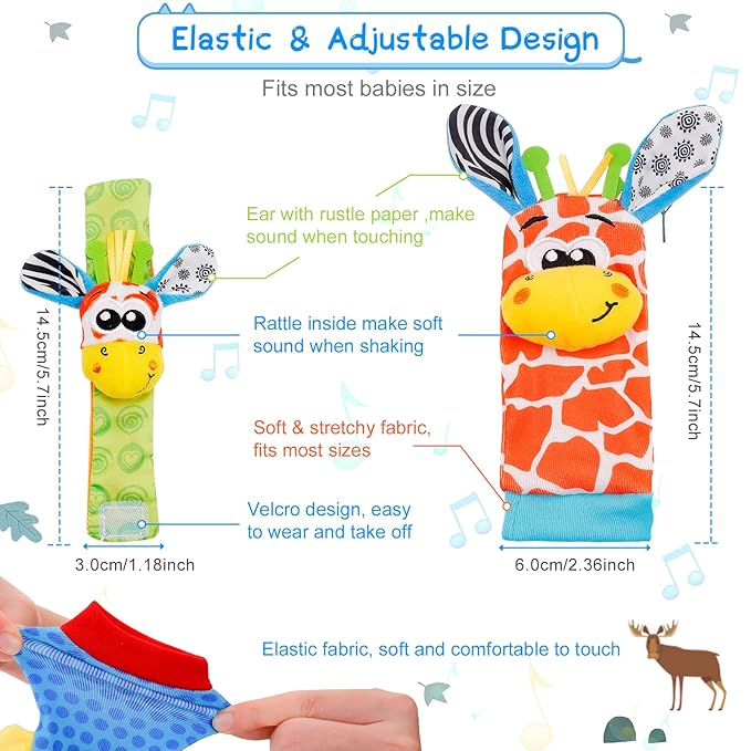 Baby Wrist Rattles and Sock Toys - Newborn 0-6 Months, 8PCS Soft Foot Finder Set, Hand and Feet Sensory Developmental Socks for Infants, Girl Boy Gifts