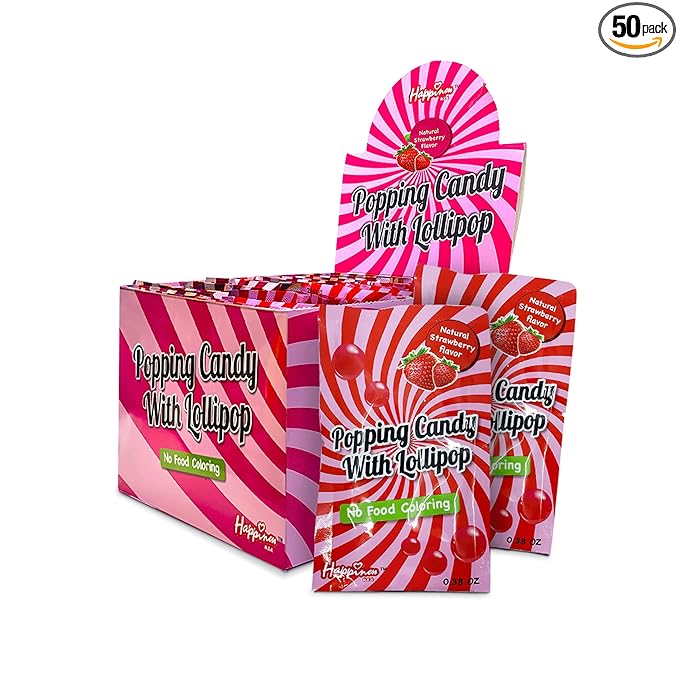 Happiness USA 50 Pack Pop Rock Candy with Dip Lollipops Individually Wrapped | All Natural Dye Free Suckers & Strawberry Candy Rocks No Artificial Colors or Flavors | Non Dairy Birthday Party Favors