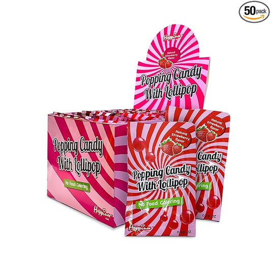 Happiness USA 50 Pack Pop Rock Candy with Dip Lollipops Individually Wrapped | All Natural Dye Free Suckers & Strawberry Candy Rocks No Artificial Colors or Flavors | Non Dairy Birthday Party Favors