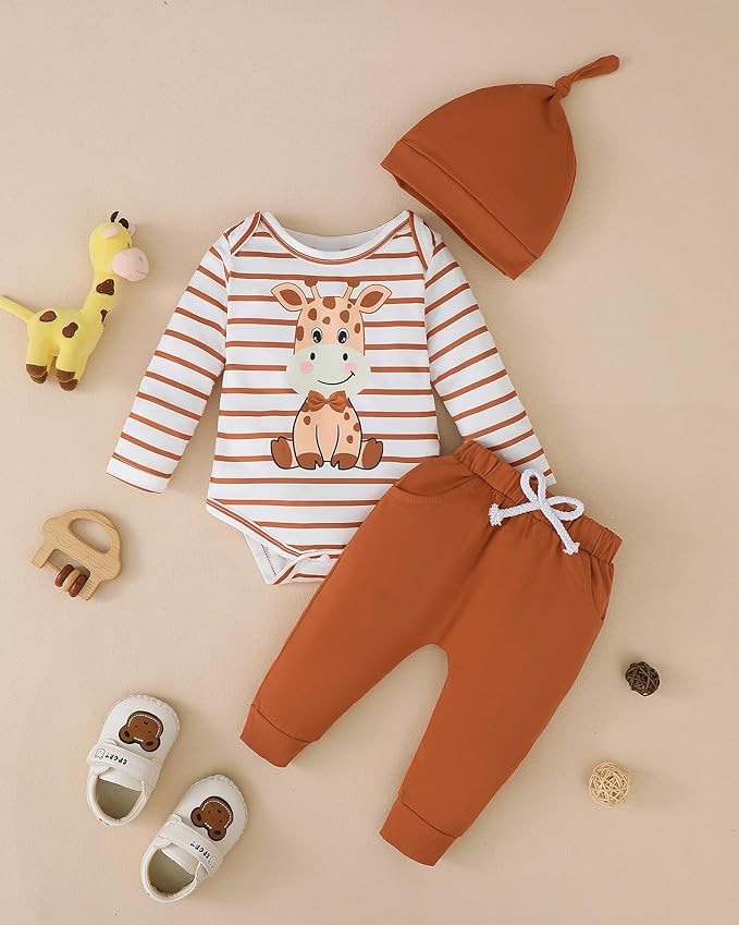 SUNNY PIGGY Baby Boy Clothes Newborn Infant Boys Outfits Romper Hat Pants 3PC Set 0-3 3-6 6-12 12-18 Month Clothing Gift