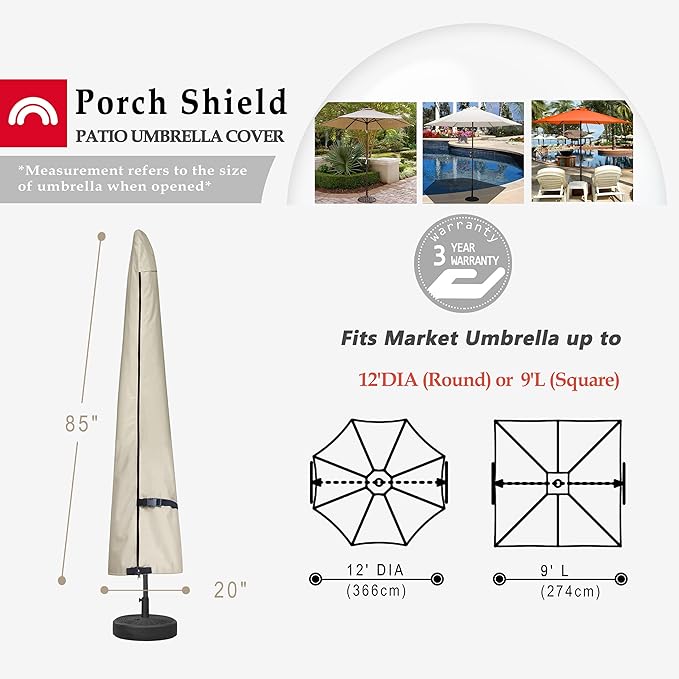 Porch Shield Patio Umbrella Cover - Outdoor Waterproof Garden Market Parasol Covers Fits Market Umbrella up to 12 Feet, Beige