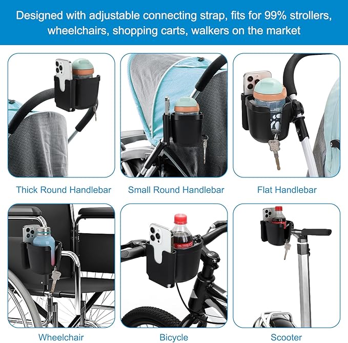 Accmor Stroller Cup Holder with Phone Holder, Universal Cup Holder, Bike Cup Holder, 360° Rotatable Large Caliber Drinks Holder for Stroller, Bike, Wheelchair, Walker