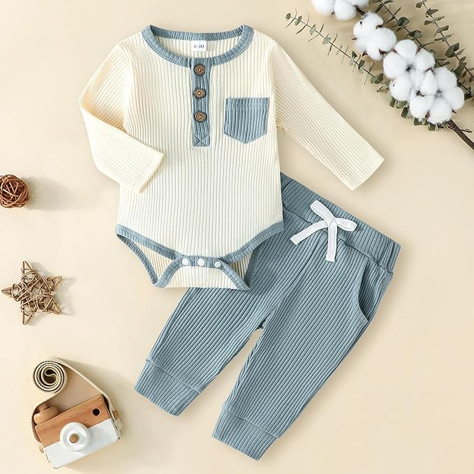 Newborn Baby Boy Girl Clothes Ribbed Knit Cotton Long Sleeve Romper Long Pant Preemie Solid Color Unisex Outfits