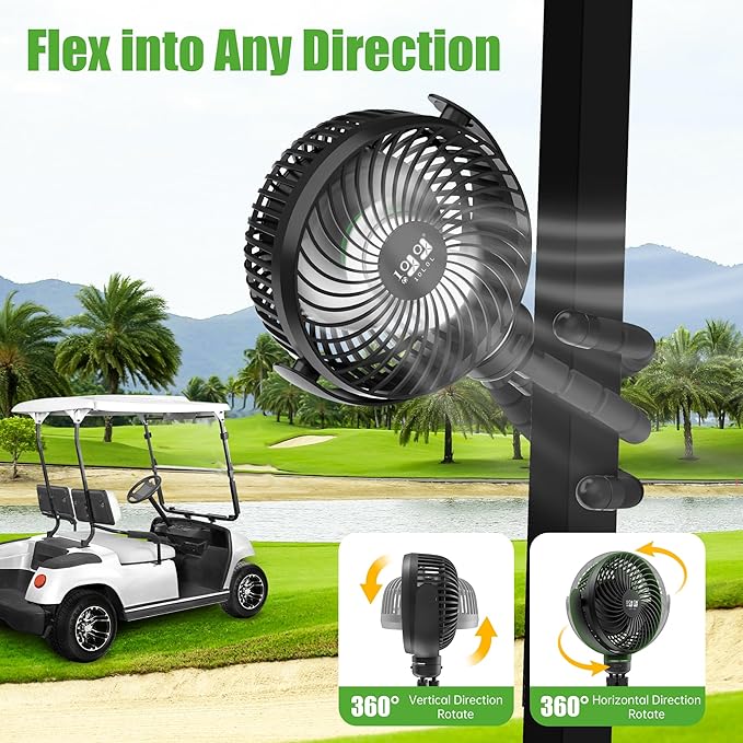 10L0L Golf Cart Fan - Universal Mount, 8000mAh Battery, 3-Speed Fan, LED Light, 56-Hour Runtime, Reverse Charging Function for Yamaha EZGO Club Car Golf Cart, Black
