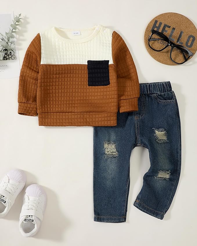 NZRVAWS Toddler Baby Boy Clothes Pullover Sweater Ripped Jean Sweatsuit Little Boy Outfit Fall Winter Clothing Set 6M-7T