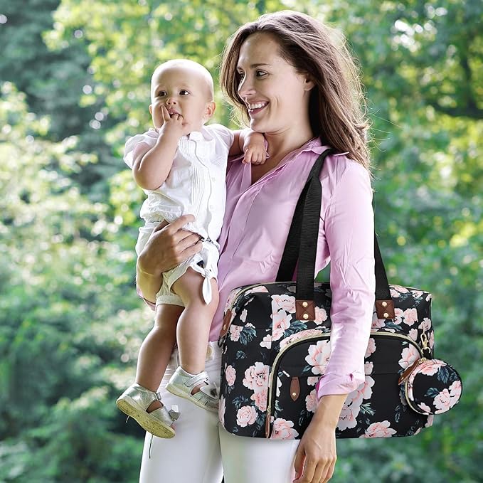 Diaper Bag Tote, Baby Bag Travel Diaper Tote Bag with Pacifier Case, Cute Maternity Hospital Baby Stylish Diaper Tote for Mom Dad Black Pink Floral