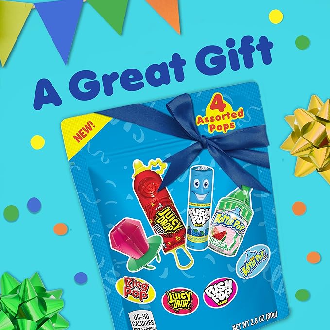 Assorted Candy Variety Pack 4 Count Lollipops - Ring Pop, Push Pop, Baby Bottle Pop & Juicy Drop - Ideal for Kids Party Favors, Party Favor Bags by Bazooka Brands