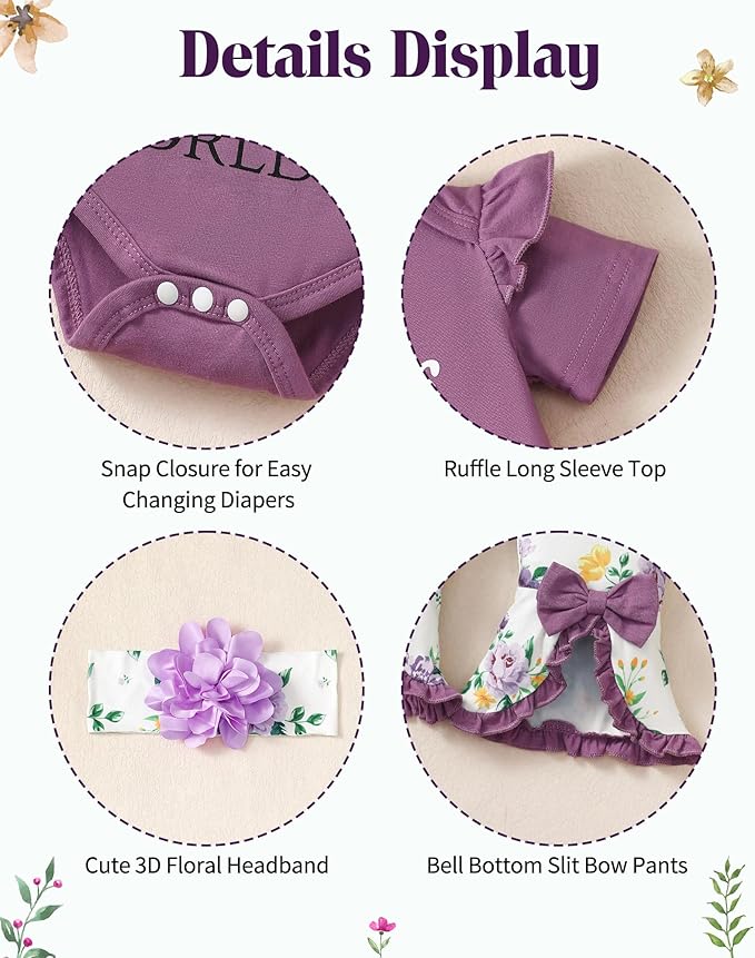 SUNNY PIGGY Newborn Baby Girl Clothes Infant Outfits Romper Floral Fall Outfit Bell Bottoms Pant Sets Hat Headband Flowerpant