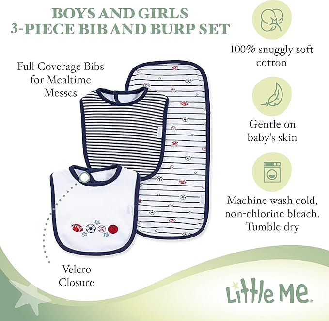 Little Me Clothes for Baby Boys’ and Girls’ 2 Bibs and 1 Burp Cloth Set, Soft Cotton Feeding Essentials with Velcro Closures