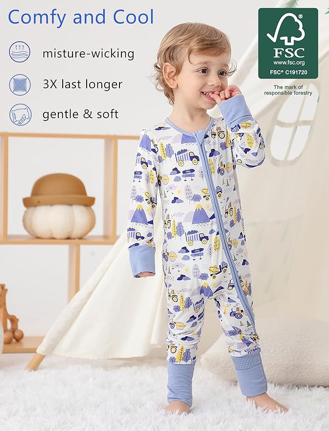 JunNeng Viscose from Bamboo Baby Boy Sleeper with Mitten Cuffs, Footless Soft Zippy Pajamas, Sleep N' Play Romper 0-18 Months