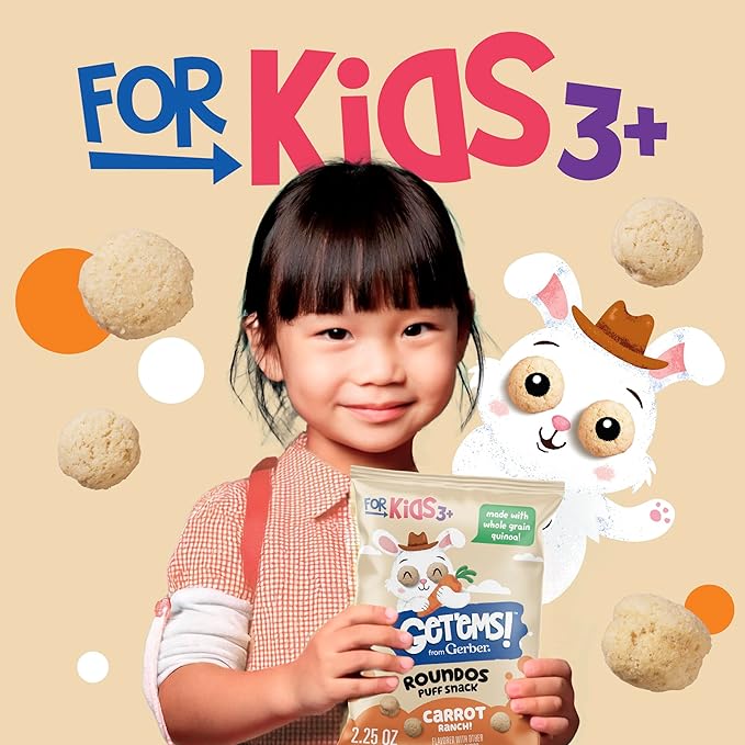 Get'ems! from Gerber, Snacks for Kids, Carrot Ranch Roundos Puffs, Made with Whole Grain Quinoa, Calcium to Support Strong Bones - 5 pack