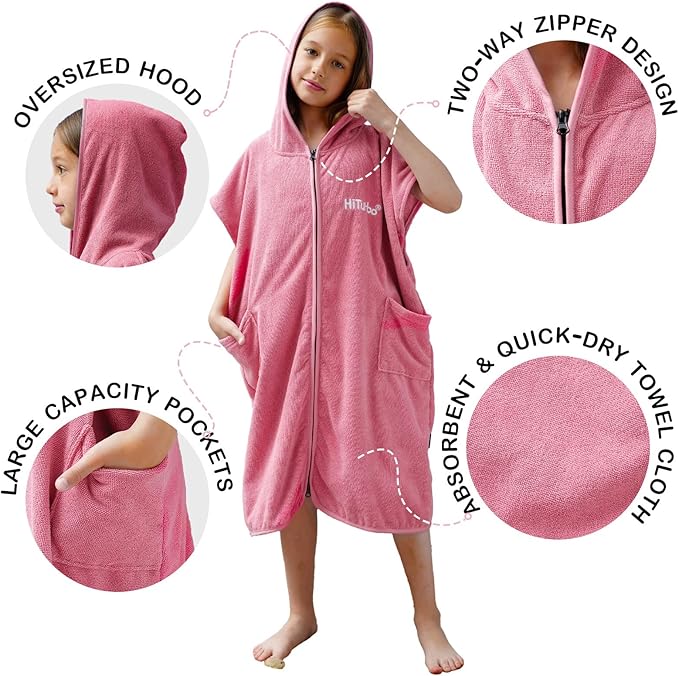 Hiturbo Kids Bath Towel Hoodie: Absorbent Quick Dry Zipper Surf Poncho - Changing Towels Swimming Outerwear (Pink)