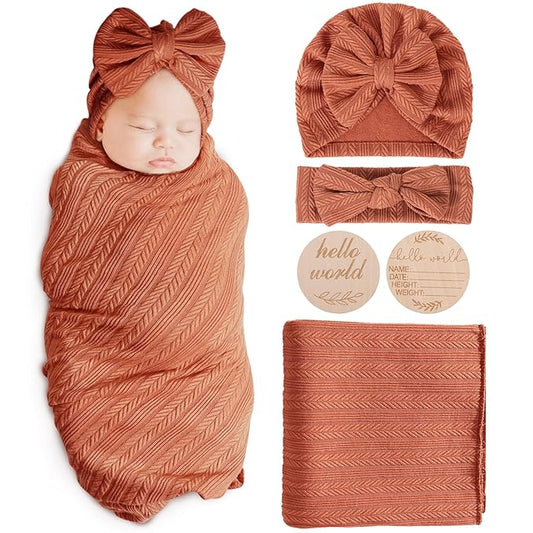 Newborn Receiving Blanket with Bow Hat Headband Wooden Card Set Wheat-Pattern Newborns Toddler Baby Boy Girl Nursery Swaddle Wrap