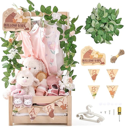 Wooden Baby Shower Crate Closet - Forest Animals Themed Personalized Crate with Hangers & Decorative Accents, Easy Assembly Natural Wood Gift Basket Ideal for Baby Shower & Nursery Storage