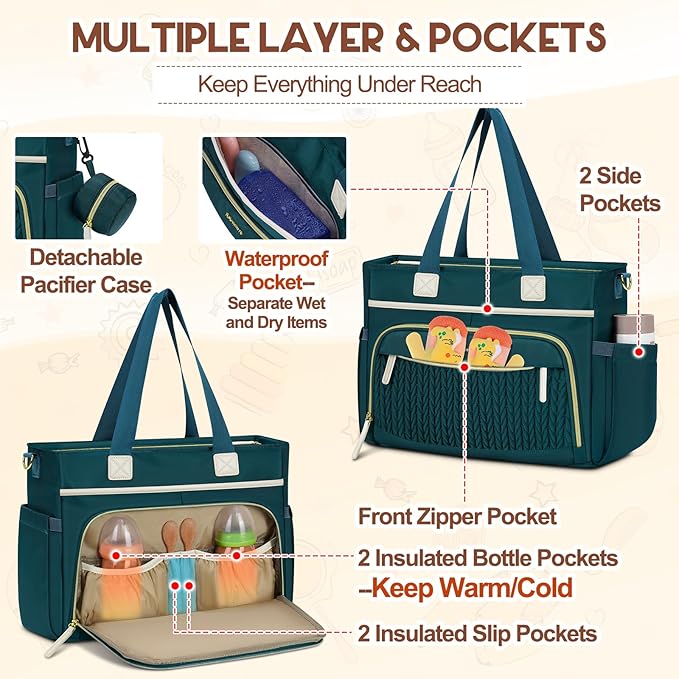 RAINSMORE Diaper Bag Tote, Large Diaper Baby Bag Waterproof Multifunctional Diaper Bag with Pacifier Case & Changing Pad