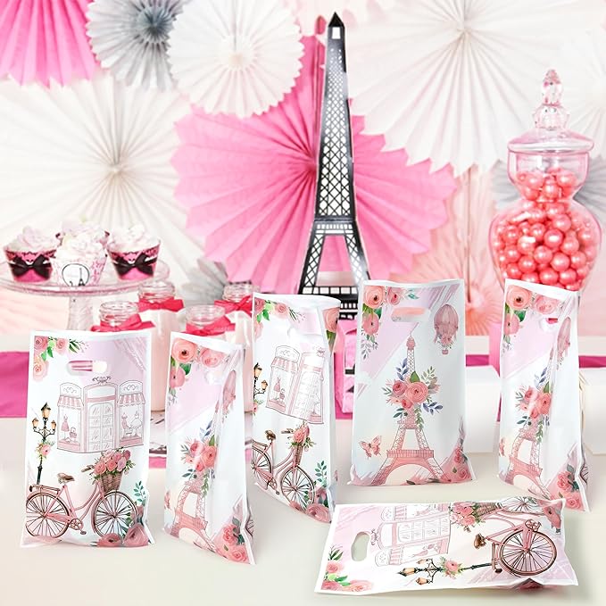 Paris Party Favor Bags 50Pcs Pink Floral Paris Goody Candy Treat Gifts Bags, City Landscape Themed Party Decorations for Kids Girls Women Birthday Wedding Pink Theme Events Supplies